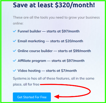 Systeme.io banner of benefits such as funnel builder, email marketing, online course builder, affiliate program and video hosting features